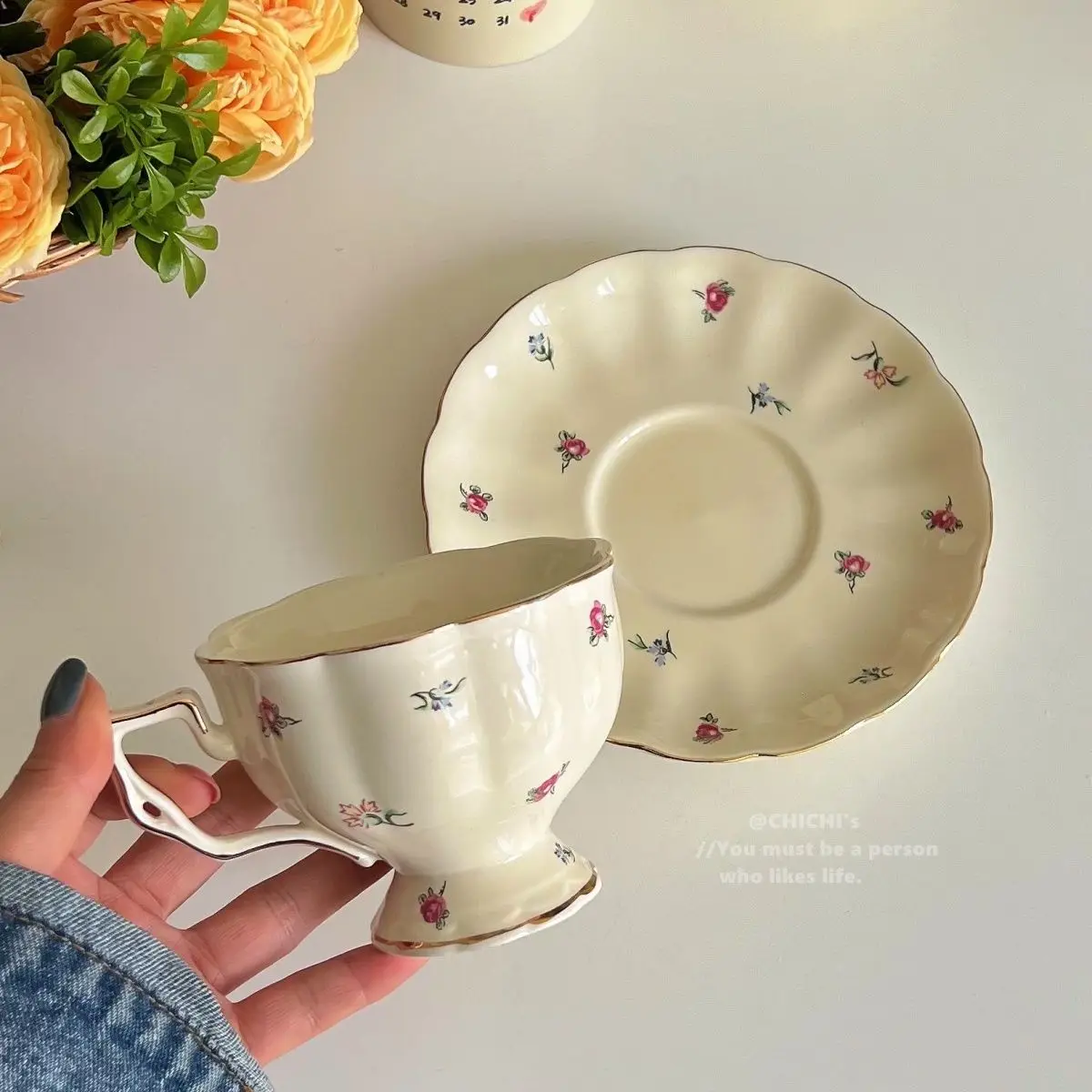 Ceramic Tea Cups Plate Set  Exquisite Afternoon Tea Coffee Cup Cream Color High Beauty Household Mug Birthday Gift 250ml