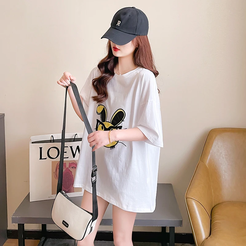 Cotton Short Sleeve T-shirt Women's Summer 2024 Embroidery Flower Mid-length Korean Version Crew Neck Top Loose Women's Clothing