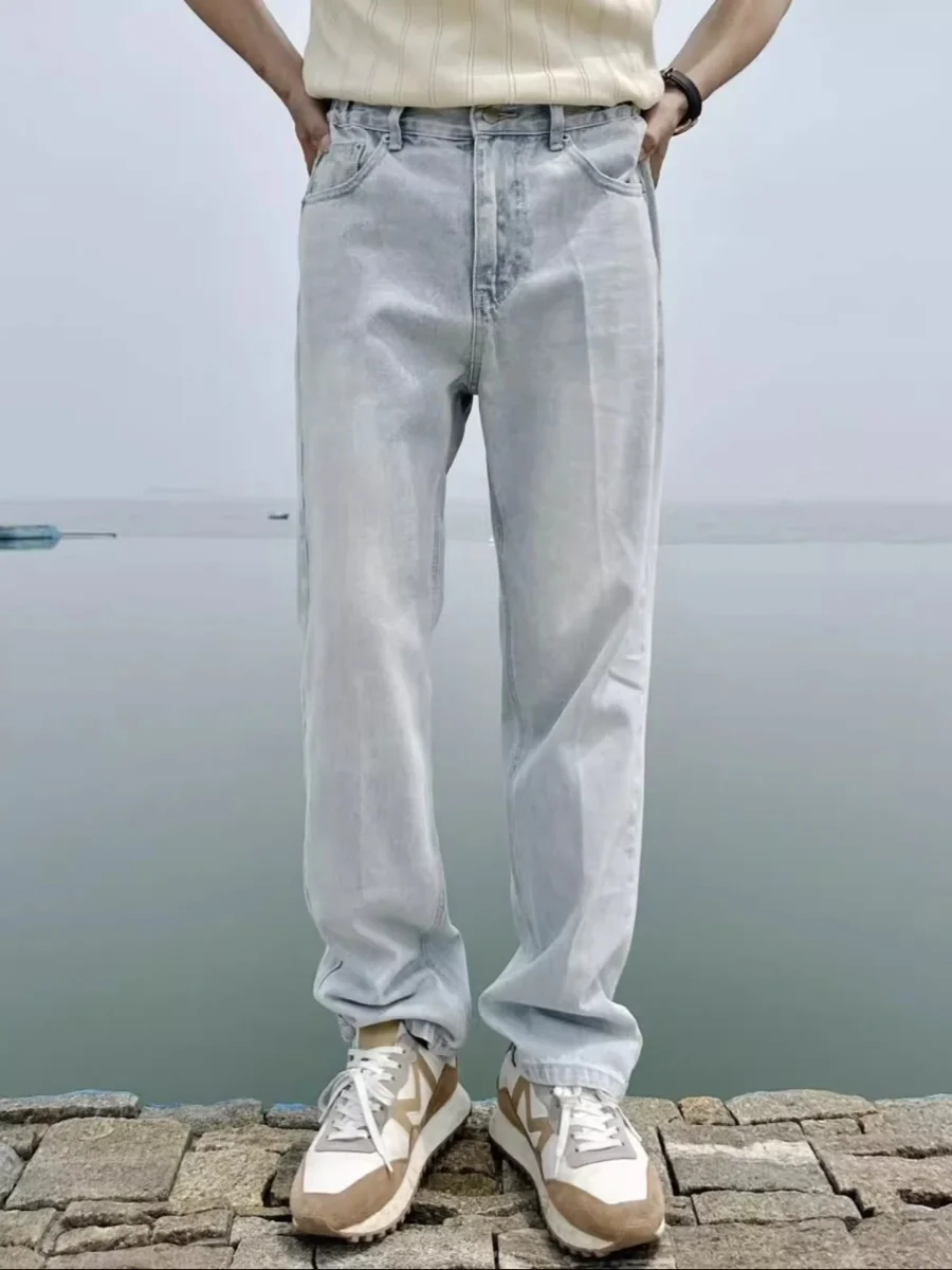 

2024 New Men's Casual Straight Leg Jeans Wear Resistant Blue Denim Pants Versatile Long Trousers Retro Fashion Youth Style
