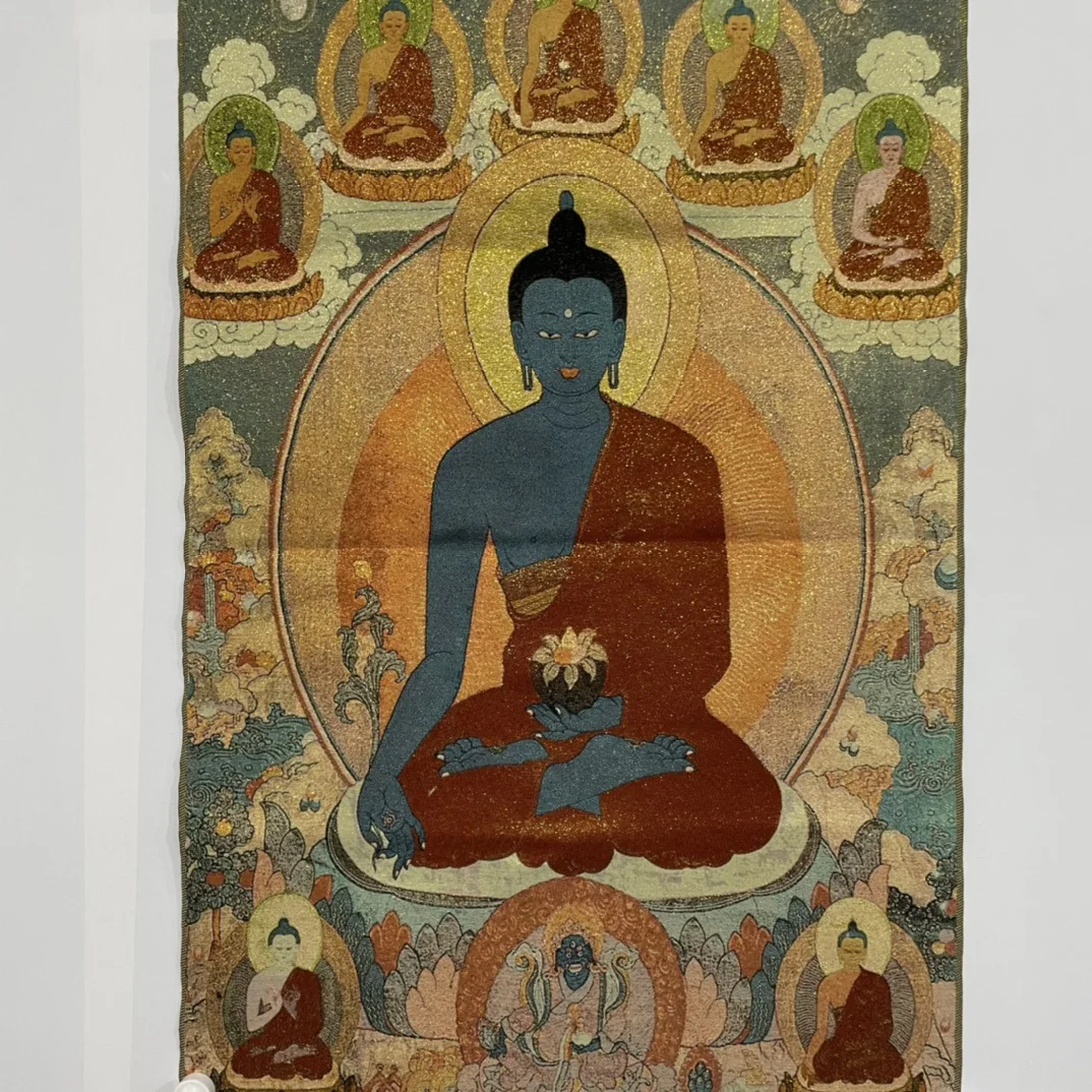 

35"Tibetan Temple Collection silk Embroidery brocade Nepal Medicine Buddha Thangka Hanging screen Worship Hall