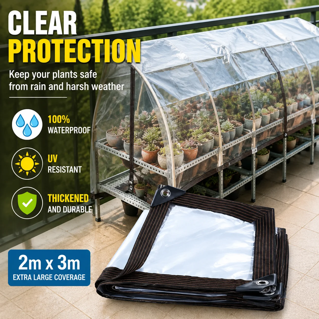 Transparent Waterproof Tarpaulin Plastic Sheeting for Balcony Window Greenhouse, Succulent Rain Protection, Thickened 2m x 3m