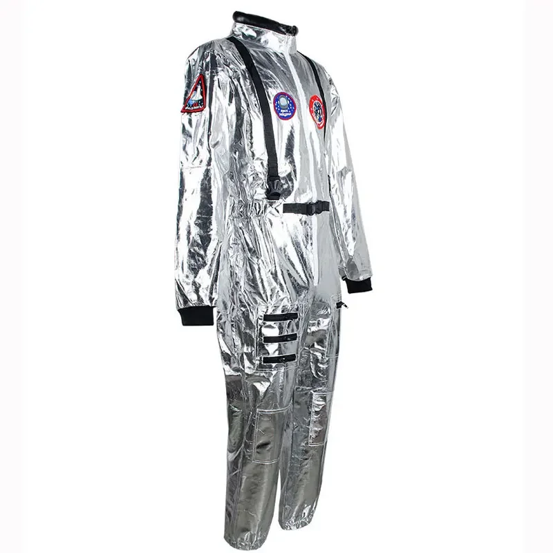 Adult Kids Astronaut Costume Space Costume Halloween Space Outfit Astronaut Silver Jumpsuit With Embroidered Patches and Pockets