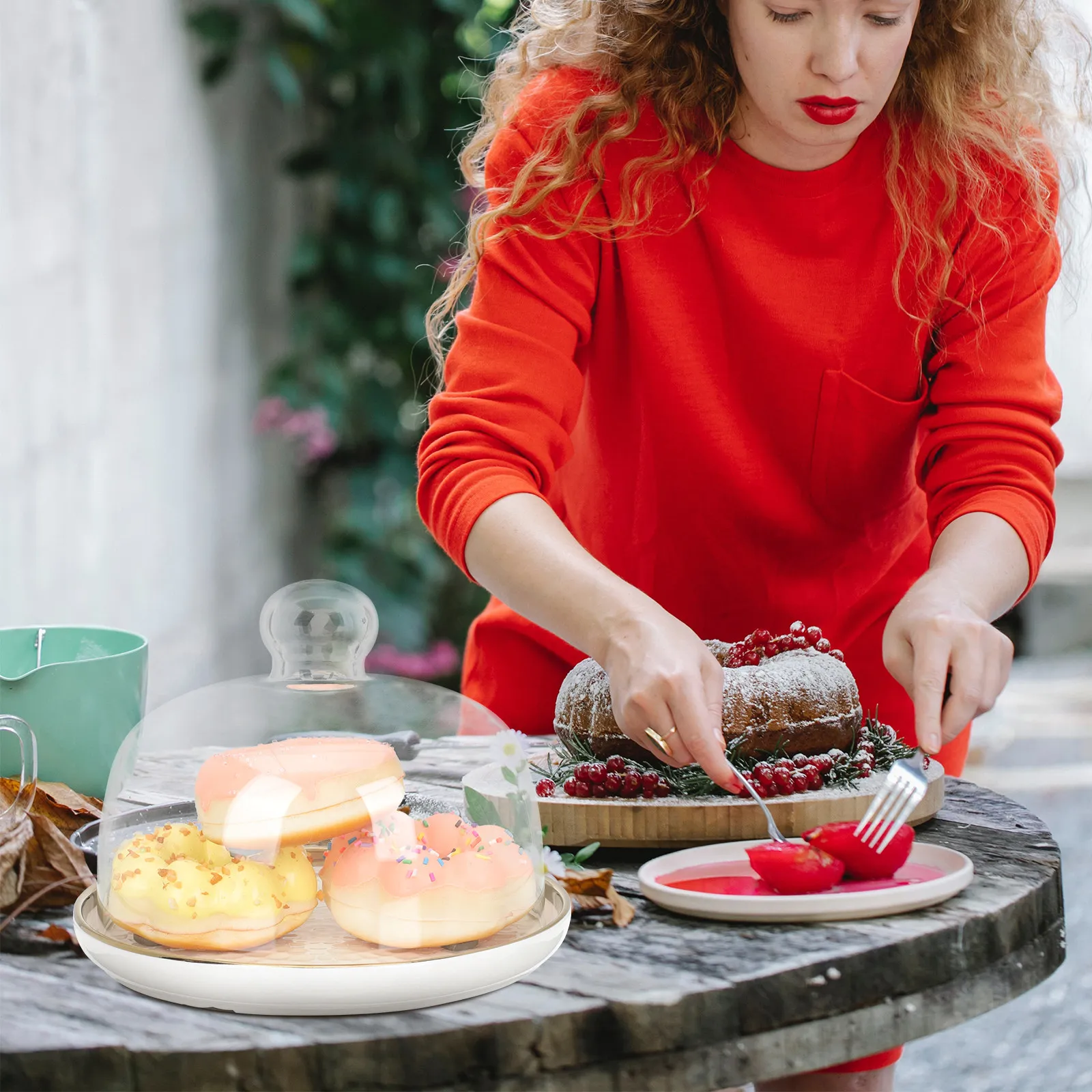 

Ceramic Dessert Serving Tray with Cake Dome Cover for Storage Bread Pastry Holder Cheese Platter Cupcake Butter Display Stand