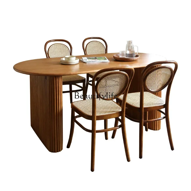 

FG40Wabi Sansan Solid Wood Dining Table Rectangle Japanese Nordic Ash Wood Rattan Dining Table
