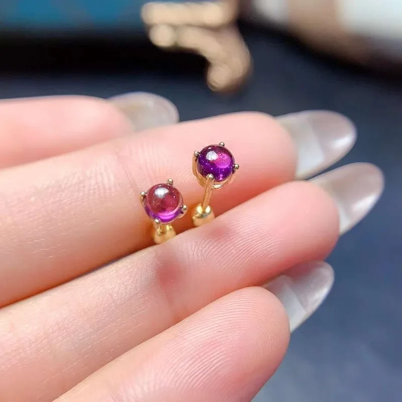 

5MM Purple natural Garnet Stud Earrings for Women Anniversary Gift Natural Wine Red Gemstone Fine Jewelry S925 Silver