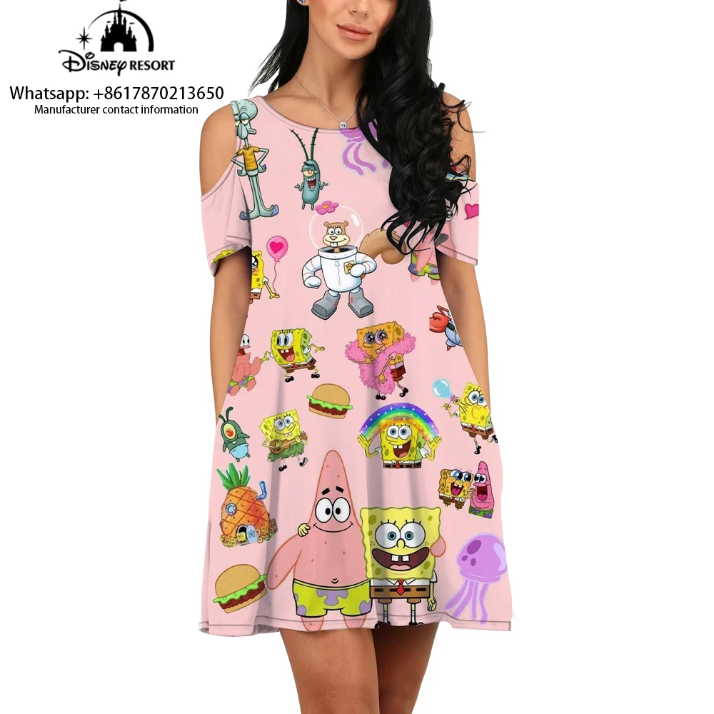 Spongebob cartoon dress summer new women's dress comfortable, fashionable and casual pullover short-sleeved shoulder-exposed dre