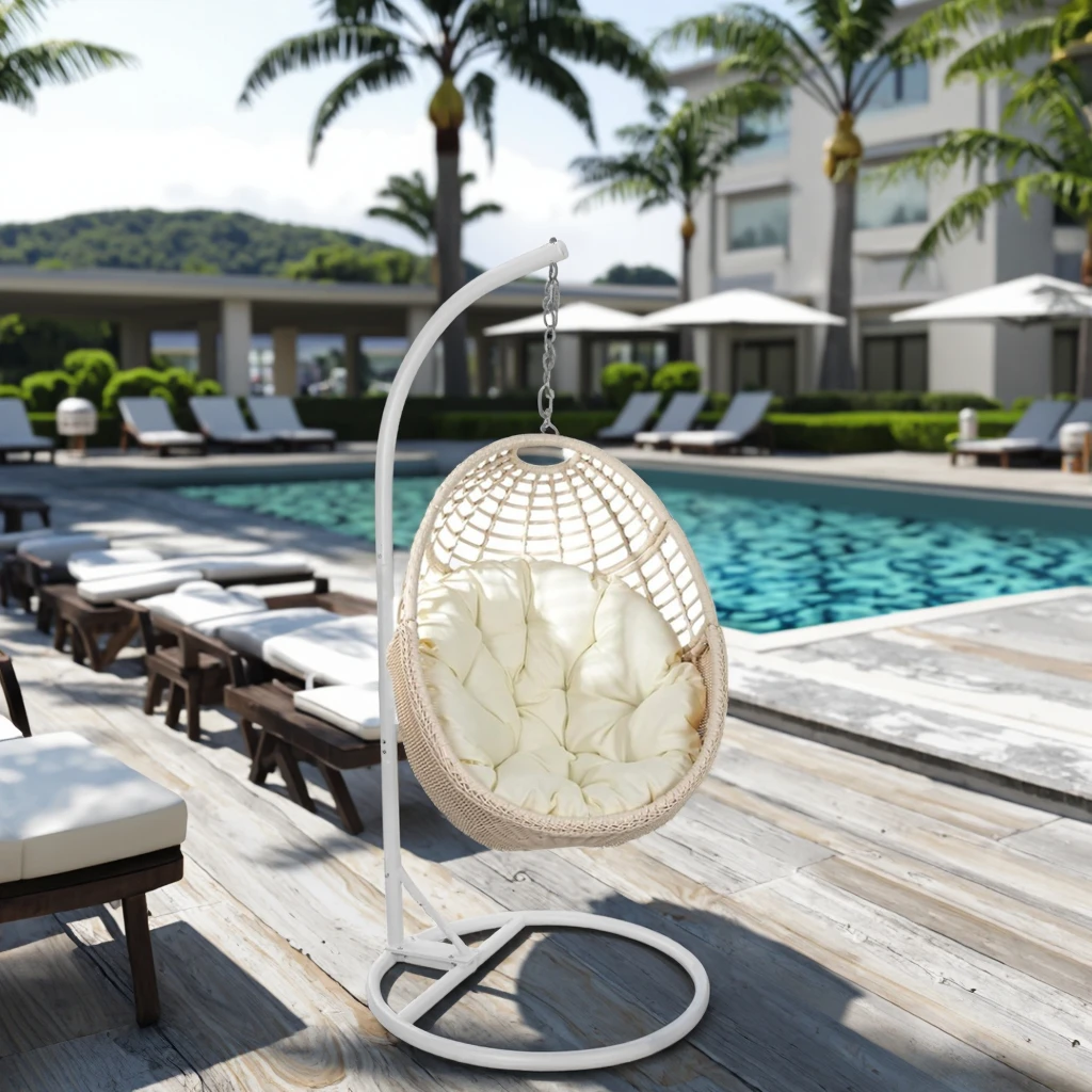 البيج في الهواء الطلق الروطان الخوص فناء سوينغ كرسي إطار معدني وسادة مقاومة للأشعة فوق البنفسجية معلقة البيض كرسي الوقوف للفناء الداخلي