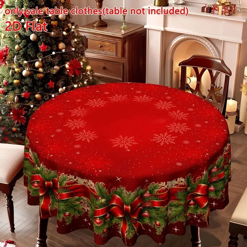 VIKAMA Christmas Round Tablecloth Red Pine Garland Gold Ribbon Bow Snowflake Merry Holiday Party Dining Round Table Cover Decor