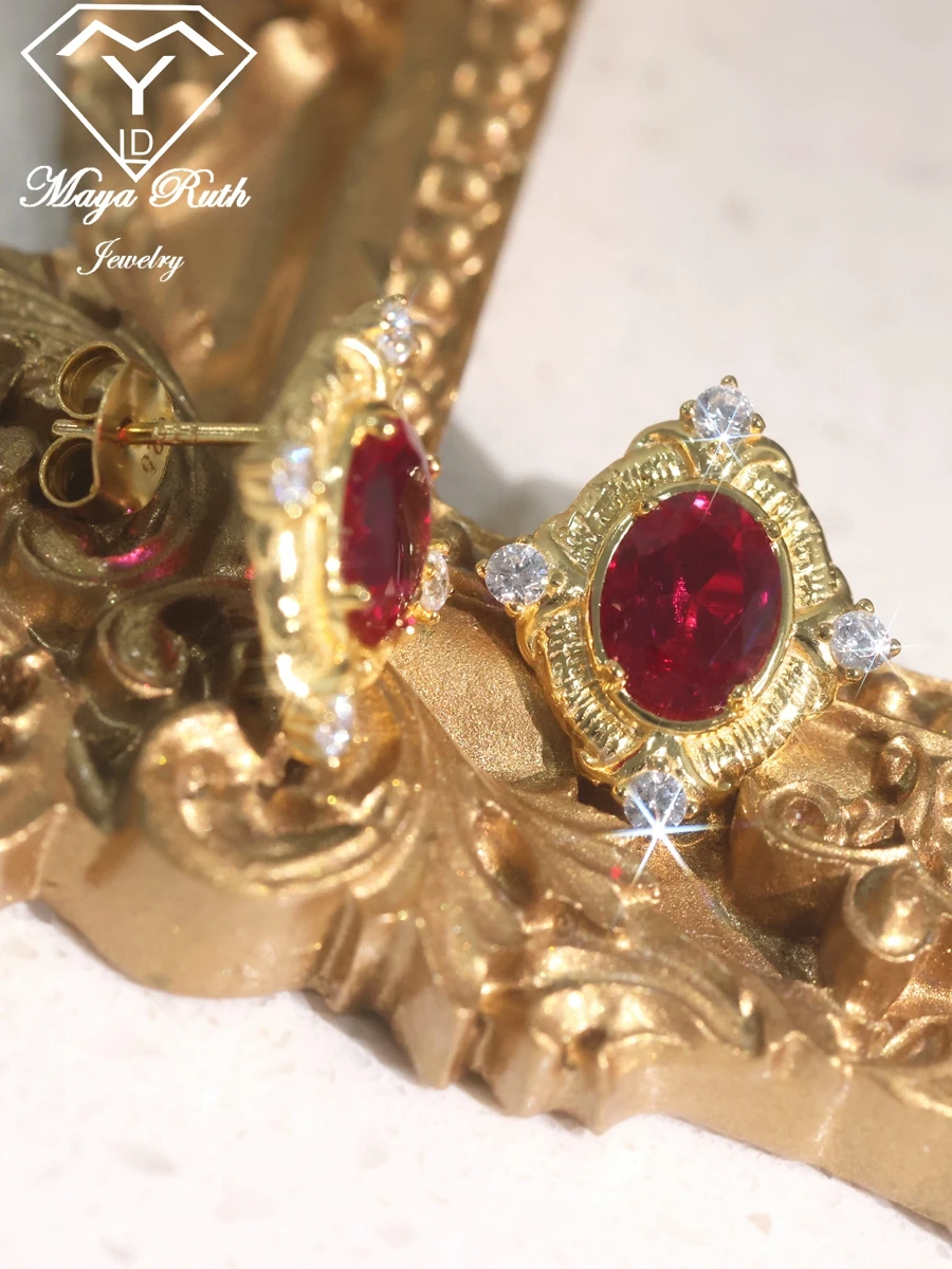 Imagem -02 - Created Ruby 925 Sterling Silver Gold Plating Brincos Designer para Mulheres Estilo Vintage Itália Retro Gemstone Red Halo Jewelry Lab