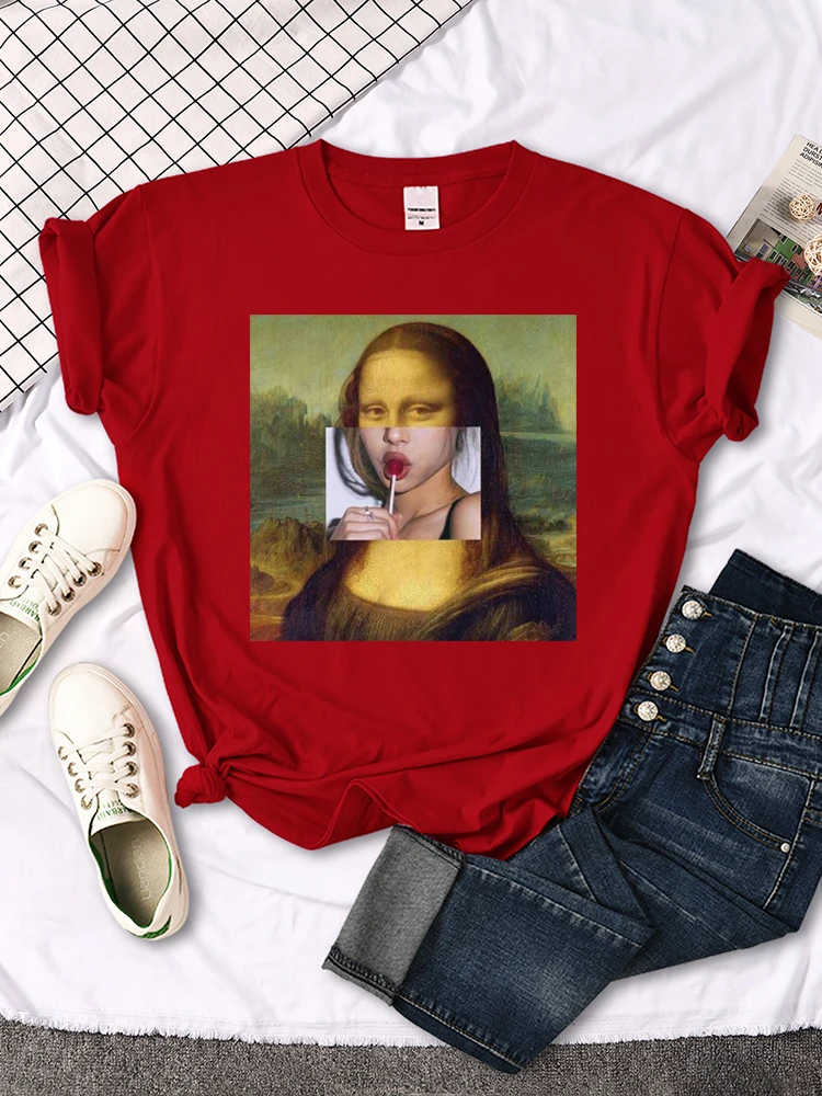 Womens T Shirt Mona Lisa Eating Candy After Changing Her Face Funny Print Tees Women oversize Loose Tops Harajukua Female Tshirt