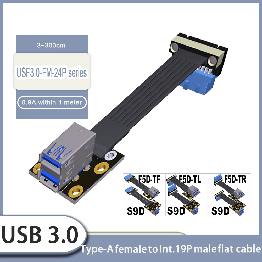 Blue Fold 90 Degree Double USB 3.0 Type-A Female to Internal 19Pin Type-C Male Flat Extension Cable with Screw Hole 5Gbps