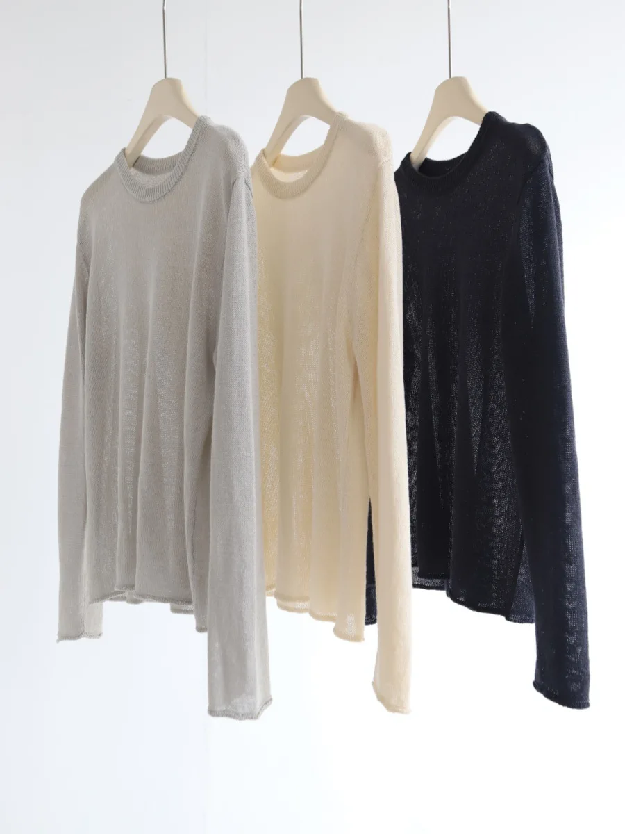 Dave&di Long Sleeved Round Neck Front Shoulder Knitted Sweater For Women In Summer, New Long Sleeved Round Neck Simple Solid
