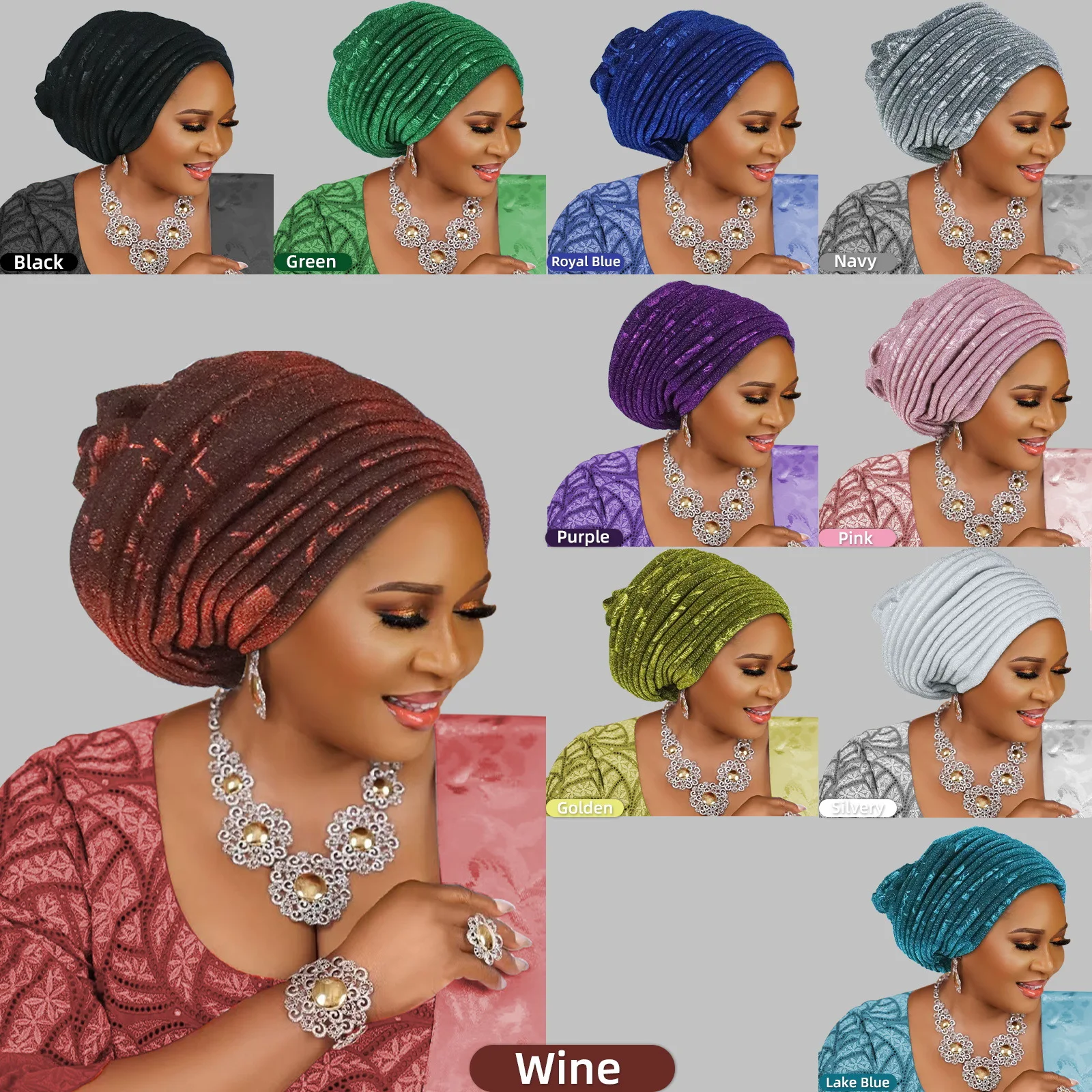 African Headpiece Muslim Headscarf Hat Glitter Turban Cap for Women Pleated Head Wraps Bonnet Hijab Auto Gele Headtie Nigerian