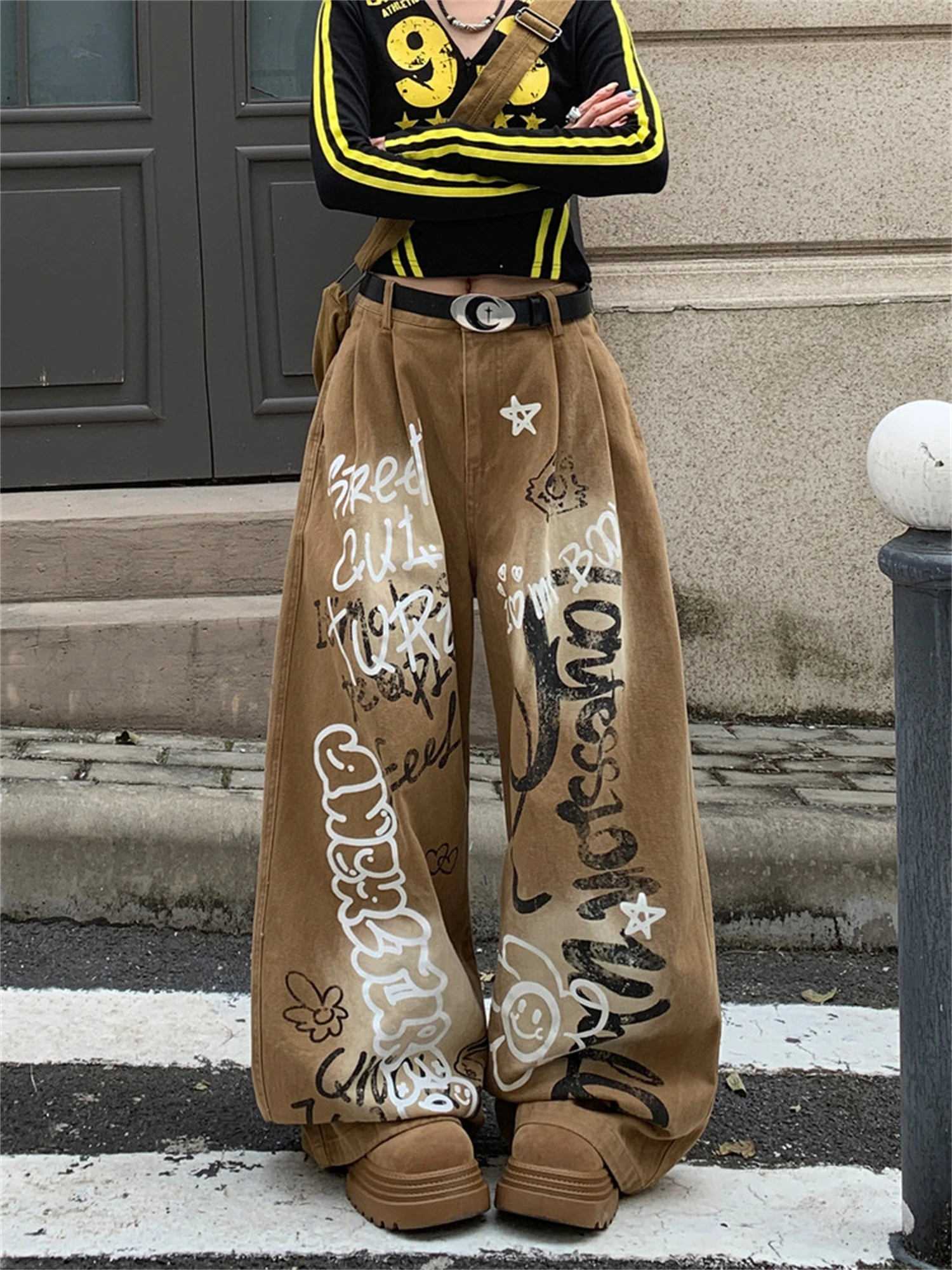 

Women's Khaki Wash Oversized Wide Leg Denim Jeans Graffiti Print Cartoon Pattern High Waist Y2K Streetwear Ladies Casual Pants