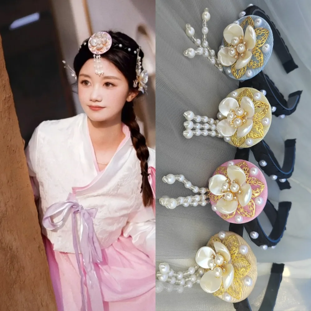 

Classical Tassels Korean Headband Beaded Retro Style Flower Headband Ethnic Style Pearl Hanfu Hairband Wedding