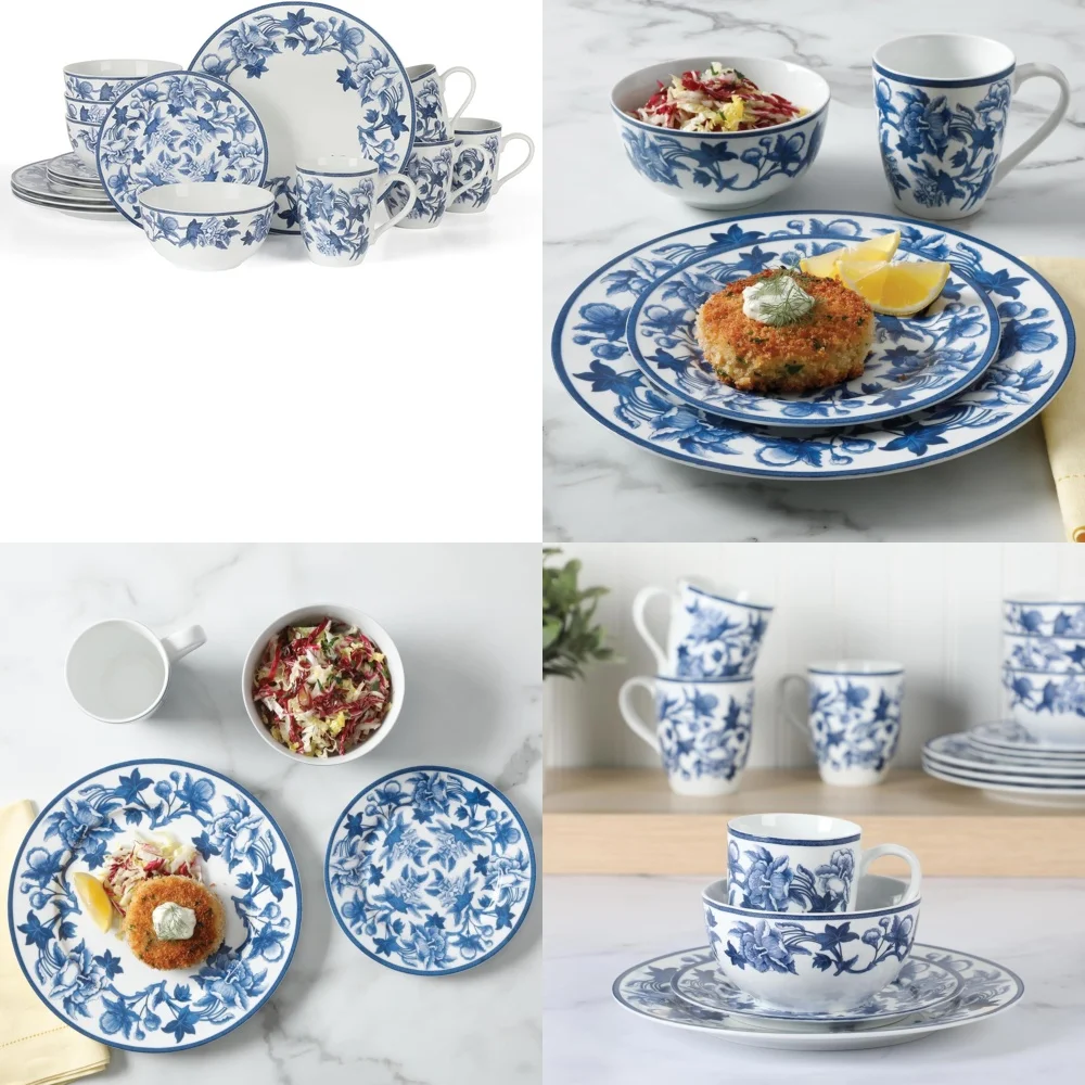 

Набор керамической посуды, набор столовой посуды из 16 предметов, винтажный синий керамогранит, прочный, устойчивый к сколам, идеально подходит для повседневного использования и специального использования