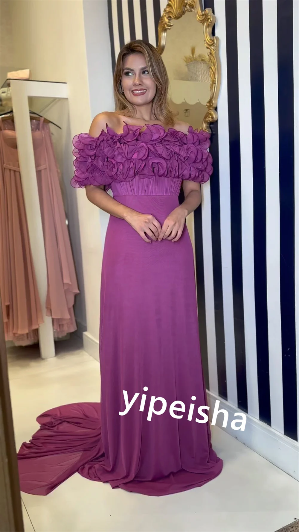 Personalizado chiffon flor plissado clubbing em linha reta sem alças sob medida vestido de ocasião vestidos longos