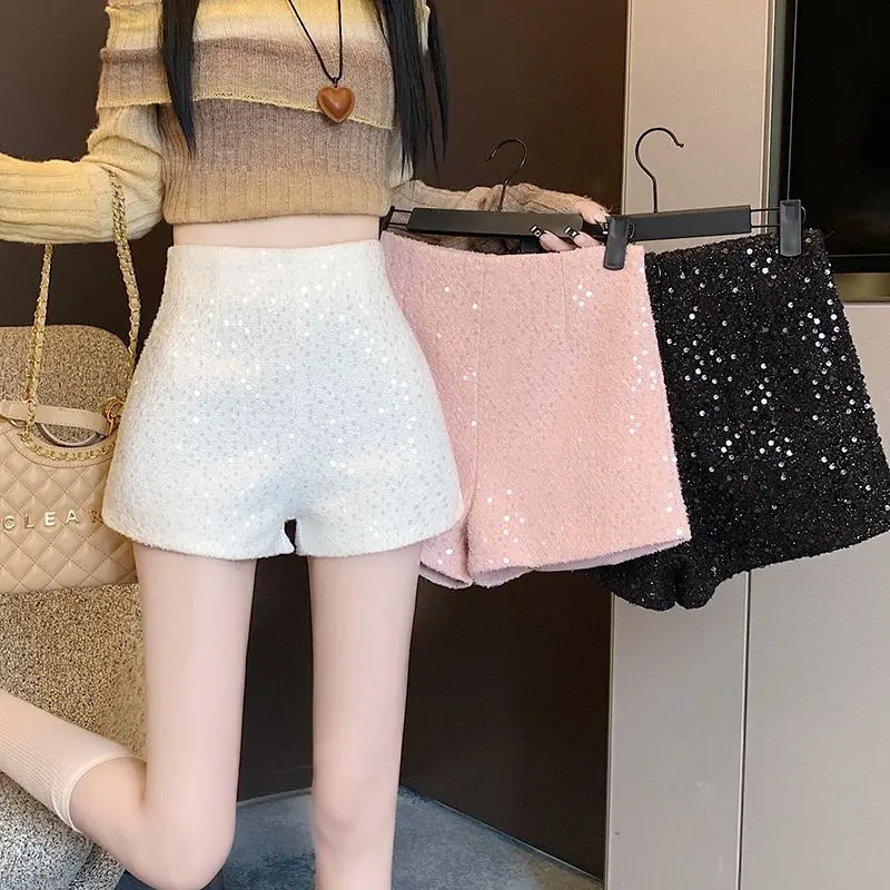 Pink White Feminino High Waist Temperament Sequin Shorts Women Pantalones Cortos De Mujer Spring Slim New Wide Leg Pants Short