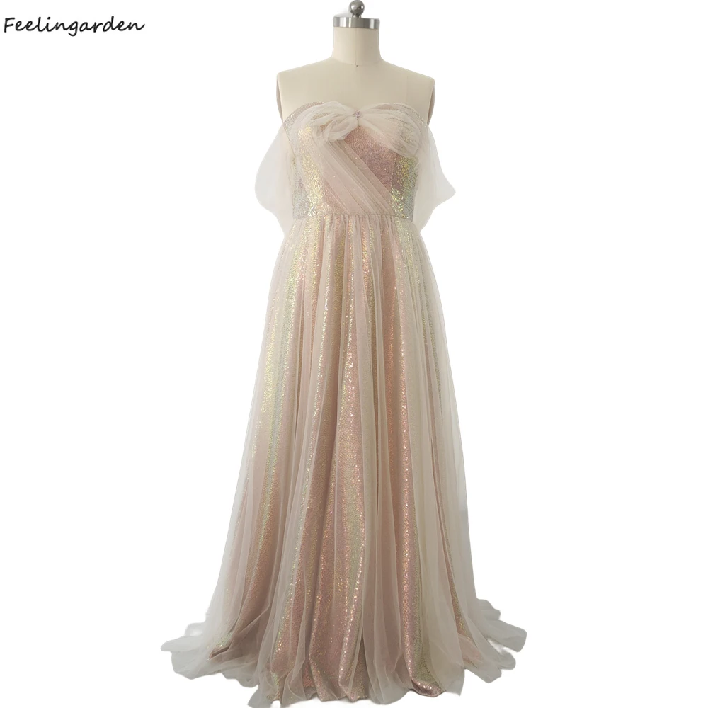 

Feelingarden Evening Dress Pink Shiny Sequins Off the Shoulder Tulle Pleat A-line Floor Length Plus size Lady Party Gown B2331