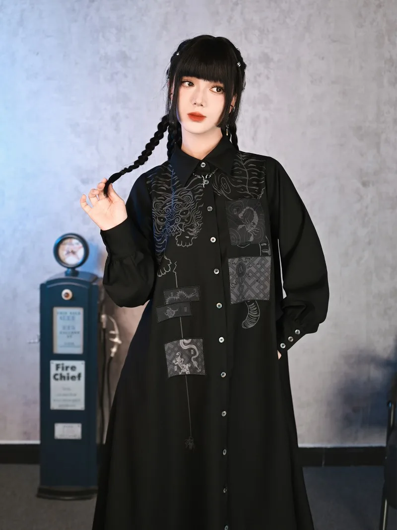 블랙 긴 소매 신상 중국 스타일 셔츠 드레스 디자인 패치 자수 빈티지 싱글 브레스티드 드레스 여성 의류