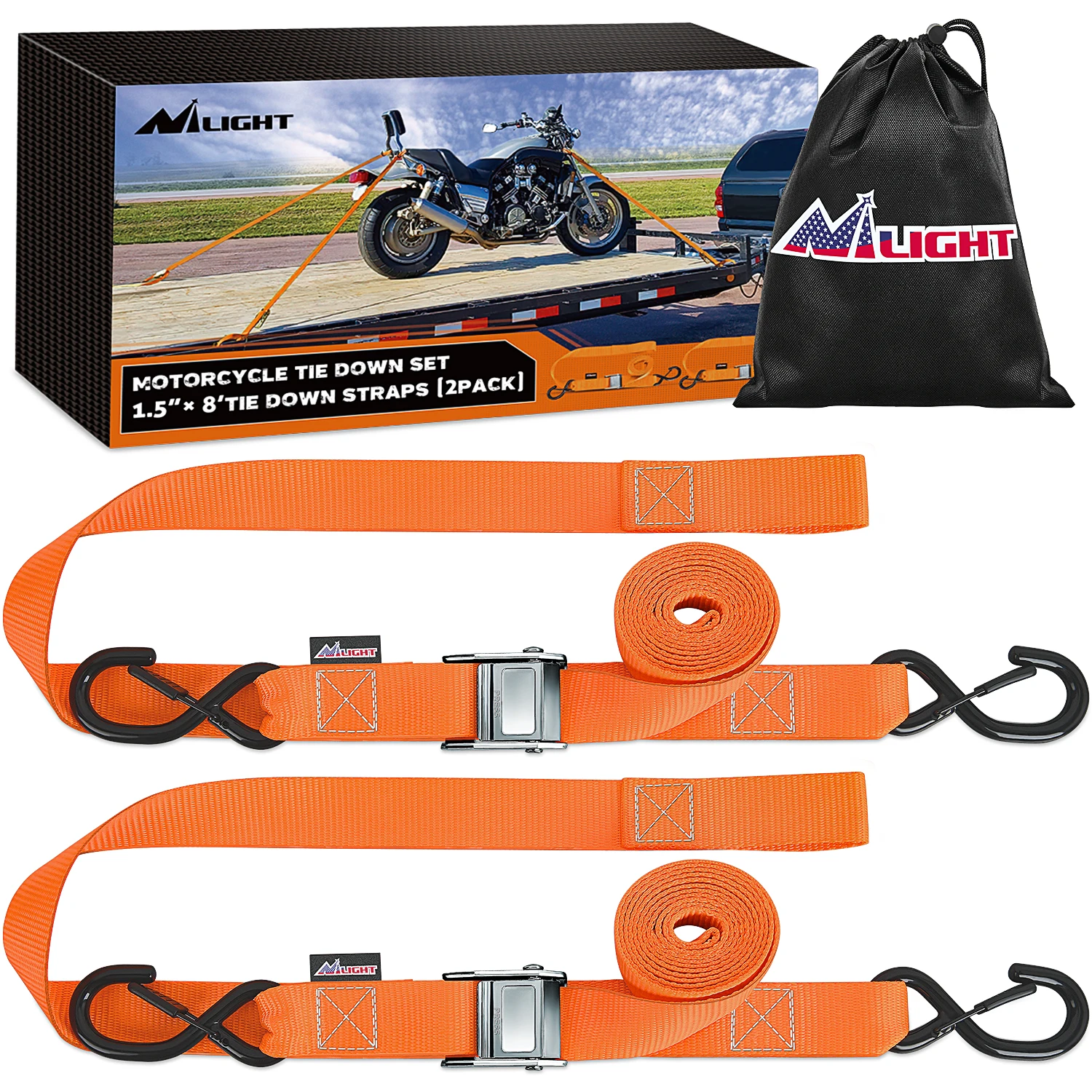 Nilight Motorcycle Tie Down Straps 1.5”×8’ for Securing Dirtbikes ATV UTV Heavy Duty Cambuckle with Soft Loops Safety S-Hooks 3084Lbs Break Strength