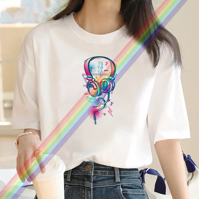 Fashion cartoon headphone Print Women's T-shirt Crew collar Clothing Short sleeve T-shirt Trend Women's Summer Y2K top