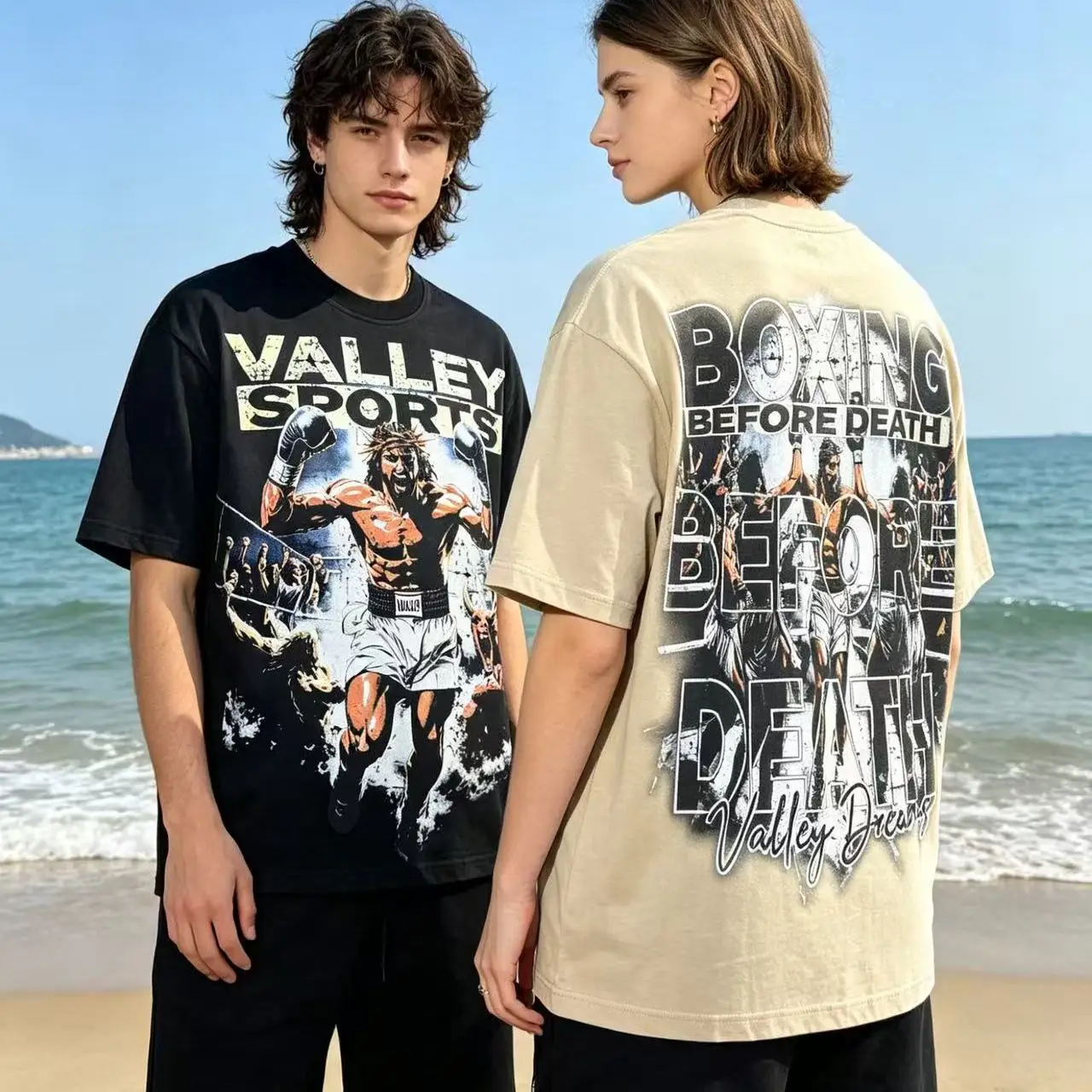 Vale Valley American Style Short Sleeve T-Shirt Retro Washed Cotton Printed Boxer Summer Loose Fit Youthful Citywalk Casual Tee