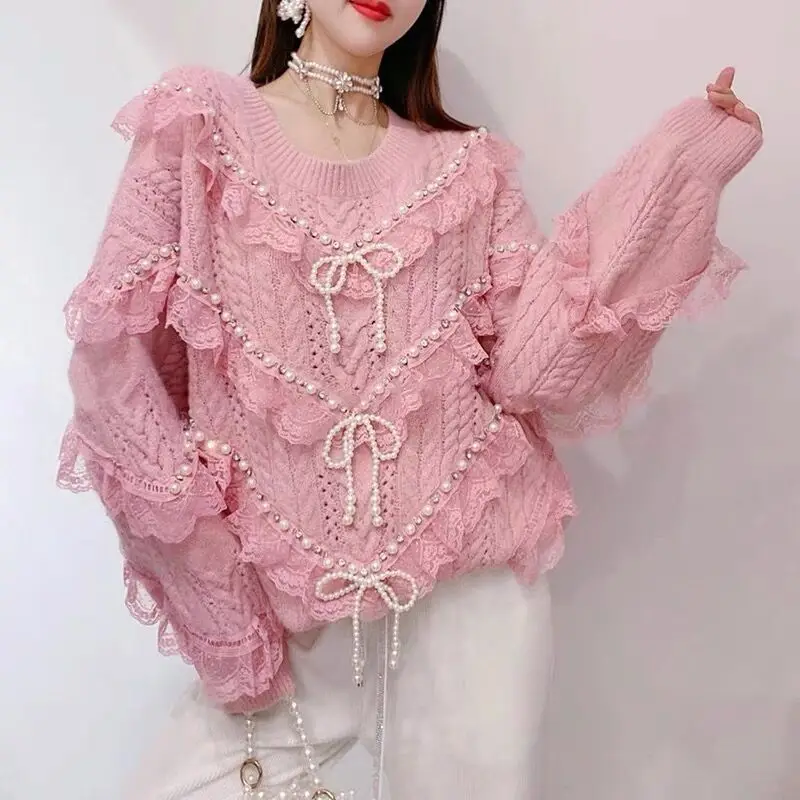 V Neck Solid Color Long Sleeve Pull Femme Jersey Mujer Sweater Y2k Autumn Winter Beading Tassel Lace Patchwork Jumpers