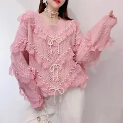 V Neck Solid Color Long Sleeve Pull Femme Jersey Mujer Sweater Y2k Autumn Winter Beading Tassel Lace Patchwork Jumpers