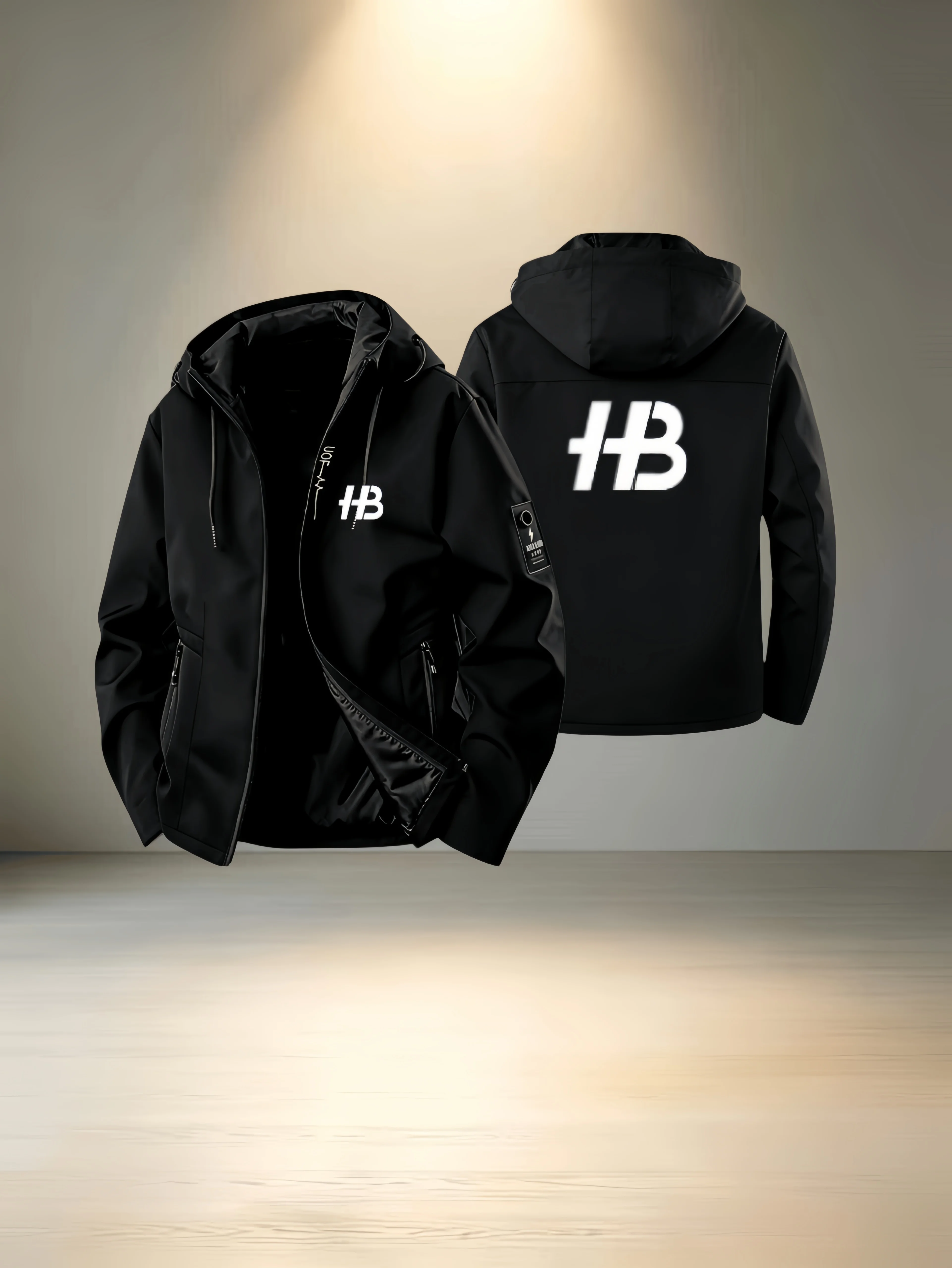 Men's lightweight hooded jacket, letter embroidery heat transfer, long sleeves, zipper pocket, outdoor leisure style,