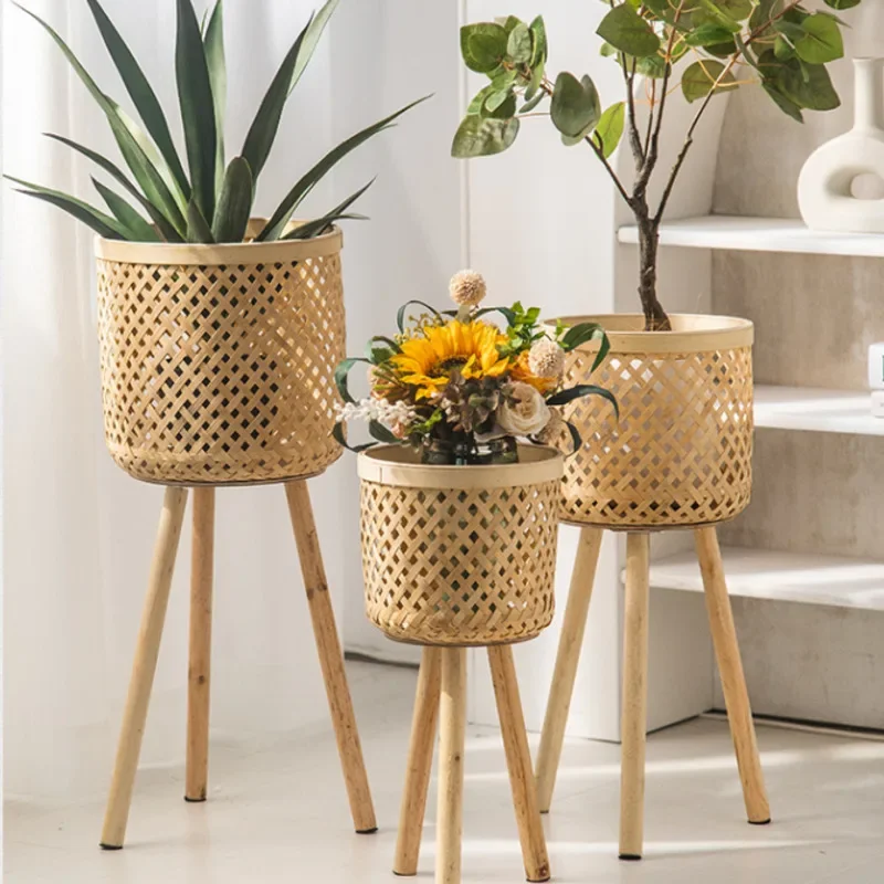 Nordic Living Room Plant Shelves Bamboo Woven Hollow Design Durable Rack for Plants Scandinavian Flower Stand Stylish Home Decor