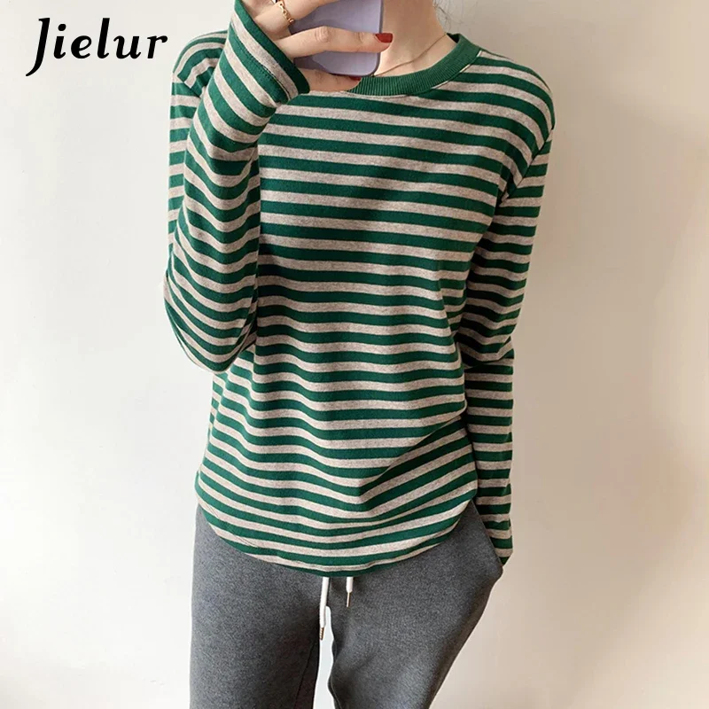 Jielur Green Blue Black Striped Long Sleeve T shirt Women Cotton Top Female Basic Bottoming Shirt Autumn T-shirts Gloves S-XL