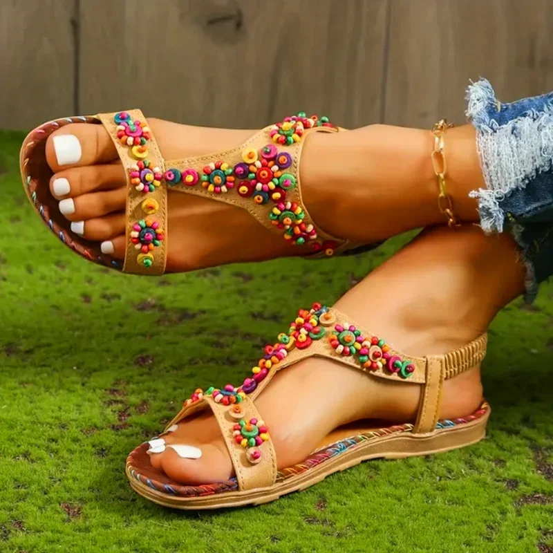 

2023 New Colorful Beaded Flat Sandals Open Toe Elastic Ankle Strap Gladiator Shoes Woman Summer Bohemian Beach Sandals