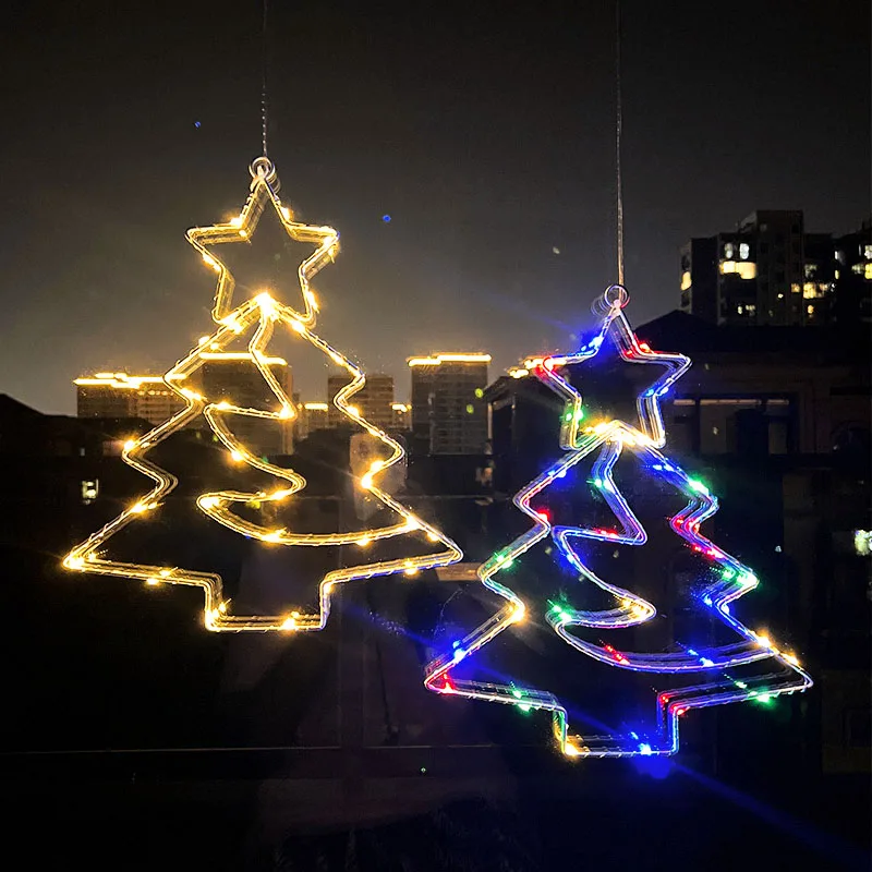 

Iron Christmas Tree LED Lights Window Hanging Lamp Pendants 2025 New Year Christmas Party Decoration Navidad Noel Gifts Supplies