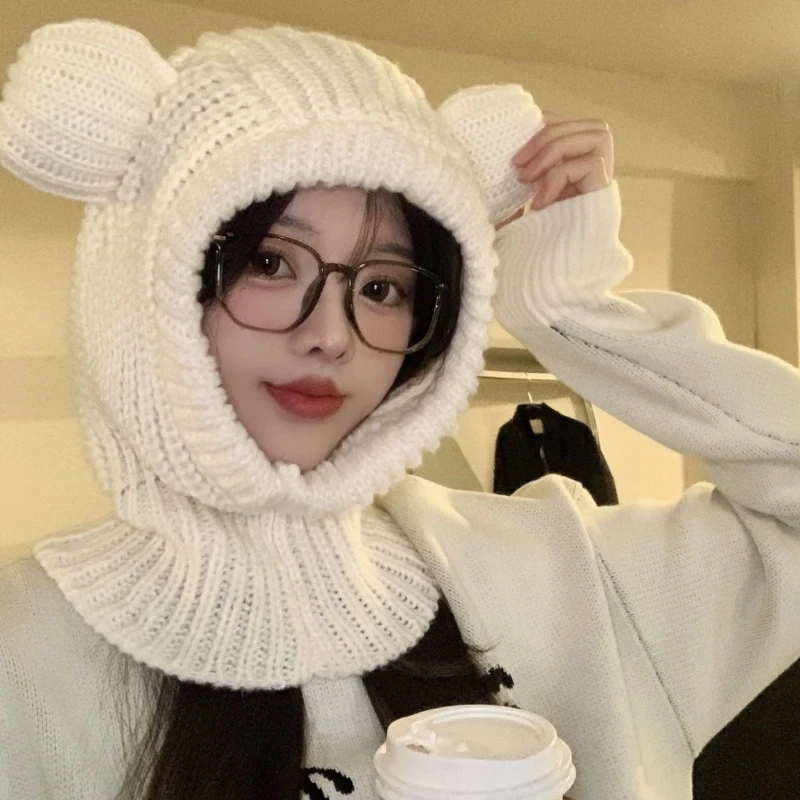 Gorro con capucha de oso de dibujos animados para mujer, bufanda de protección para los oídos cálida, gorro de punto de lana sólida coreana, gorro a prueba de viento para exteriores, Invierno