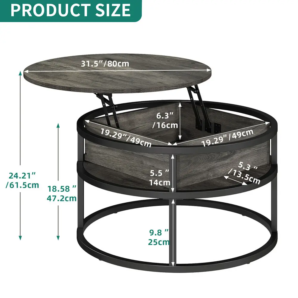 2 Tier Round Lift Top Coffee Table with Hidden Storage Compartment Home Office