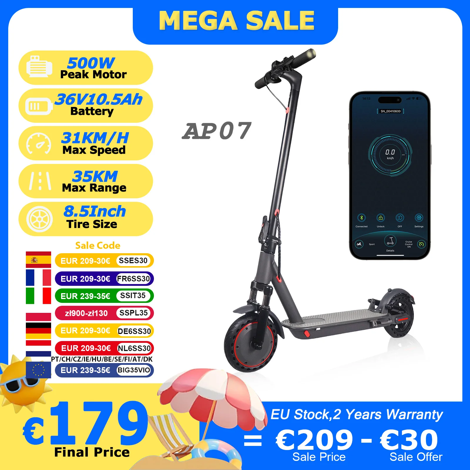 Trottinette électrique AOVOPRO AP07 500W, puissance maximale instantanée, 31KM/H, 36V10.5Ah, 35KM avec clignotants et amortisseurs