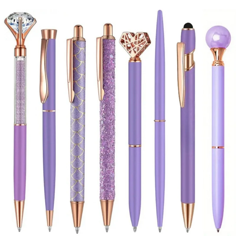 3-9pcs Purple/Rose Golden Metal Ballpoint Pen Stationery Set Pearl Quicksand Crown Love Artificial Diamond,School&Office Supply