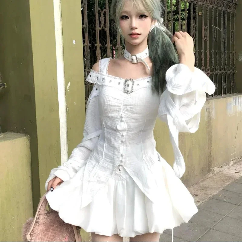 

New Fashion Sweet Gothic White 2 Piece Sets Women Autumn Winter Off The Shoulder Tops + High Waist Skirt Japan Y2k Style Suits