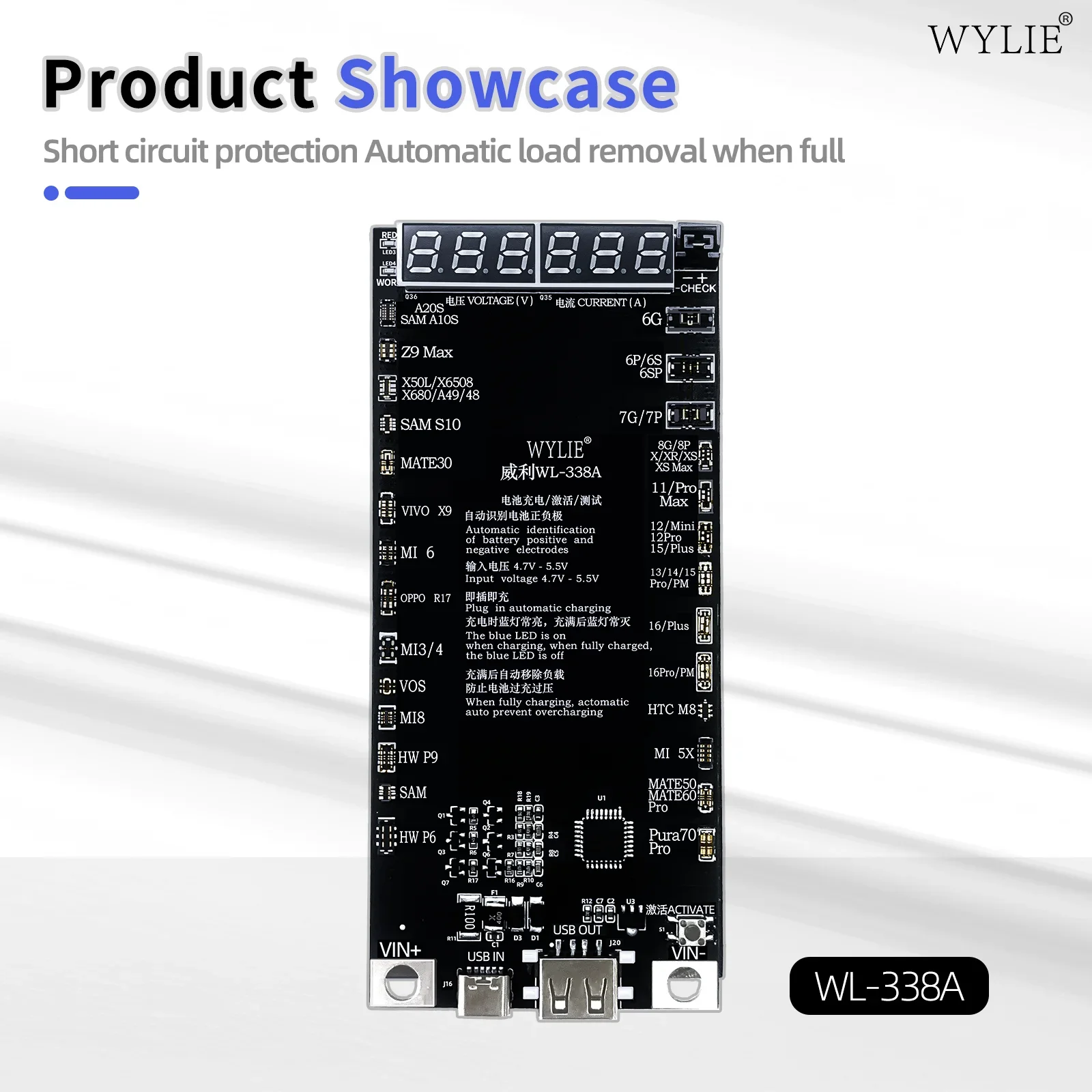 WYLIE WL-338A Smart Battery Activation Board Short Circuit Protection for IPhone 6-16ProMax Android Phone Battery Testing Tool