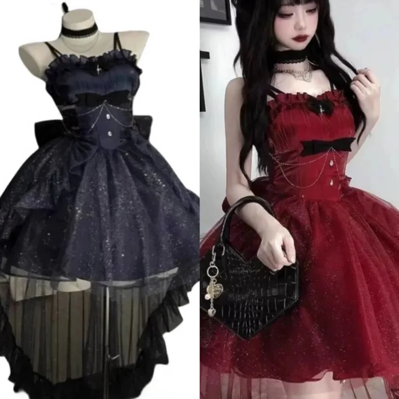 

Bow Gothic Dresses Women Y2K Lolita JK Suspender Ruffle Edge Dress Twin Black Red Blue Dark A-line Long Sleeved Suspender Dress