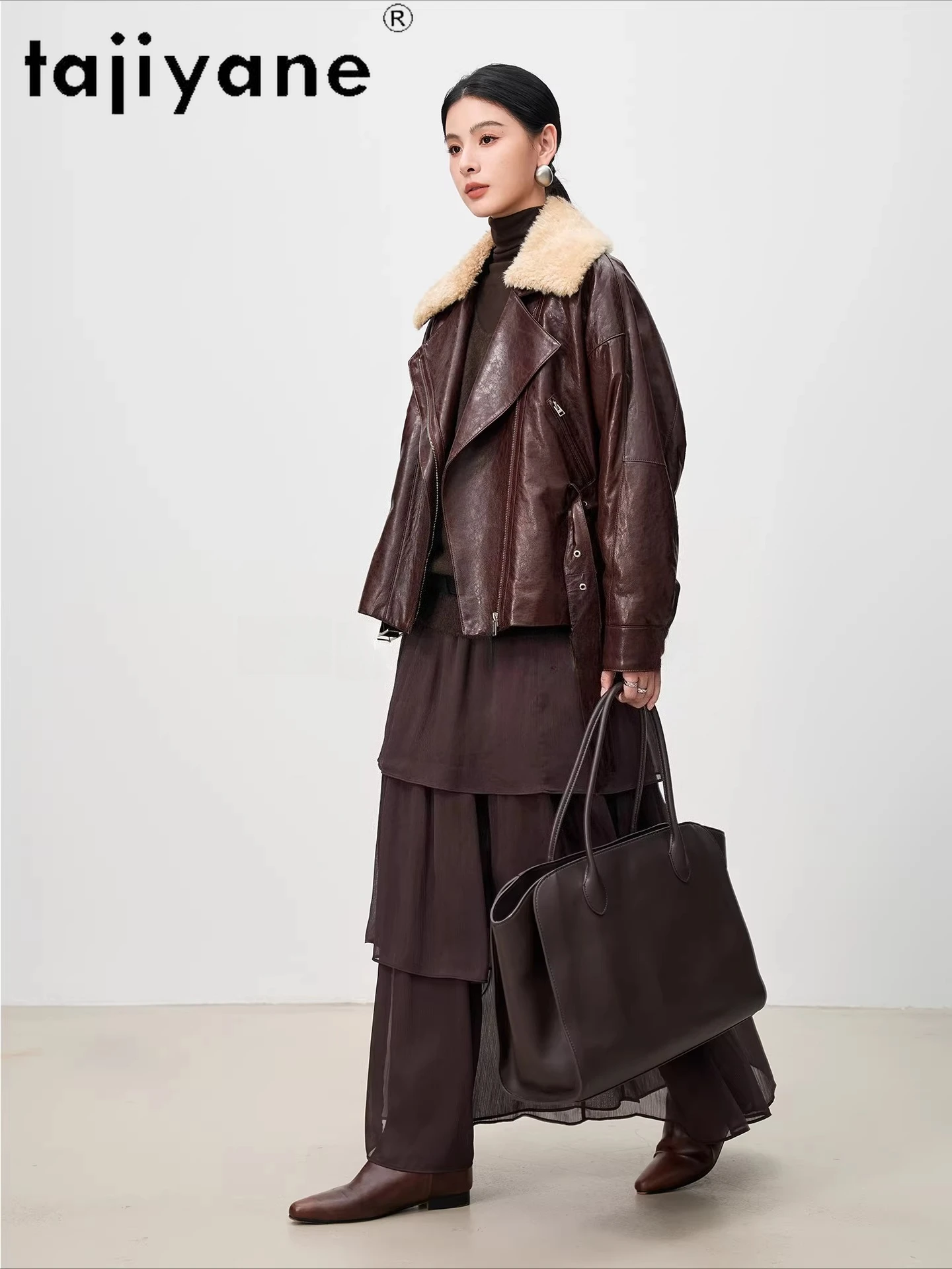 TAJIYANE 리얼 양가죽 구스다운 코트 여성용 울 칼라 패딩 재킷 진짜 가죽 재킷 여성용 2025 여성 의류