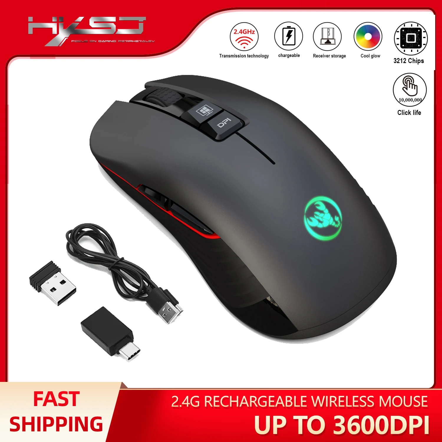 

New arrival HXSJ T30 2.4G dual receiver 7 button optical 600mAh Rechargeable RGB backlit Wired Wireless Gaming Mouse for laptop