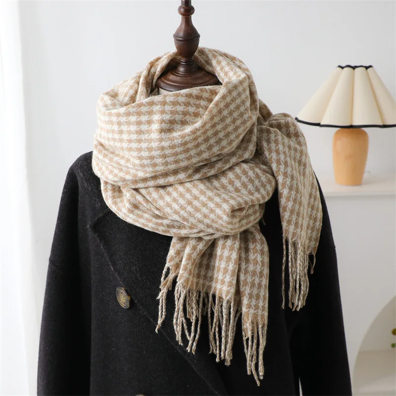 Houndstooth Imitation Cashmere Scarf Warm Neck Thickening Shawl Men Women Autumn Winter Popular Tassel Scarves Bufanda Blanket