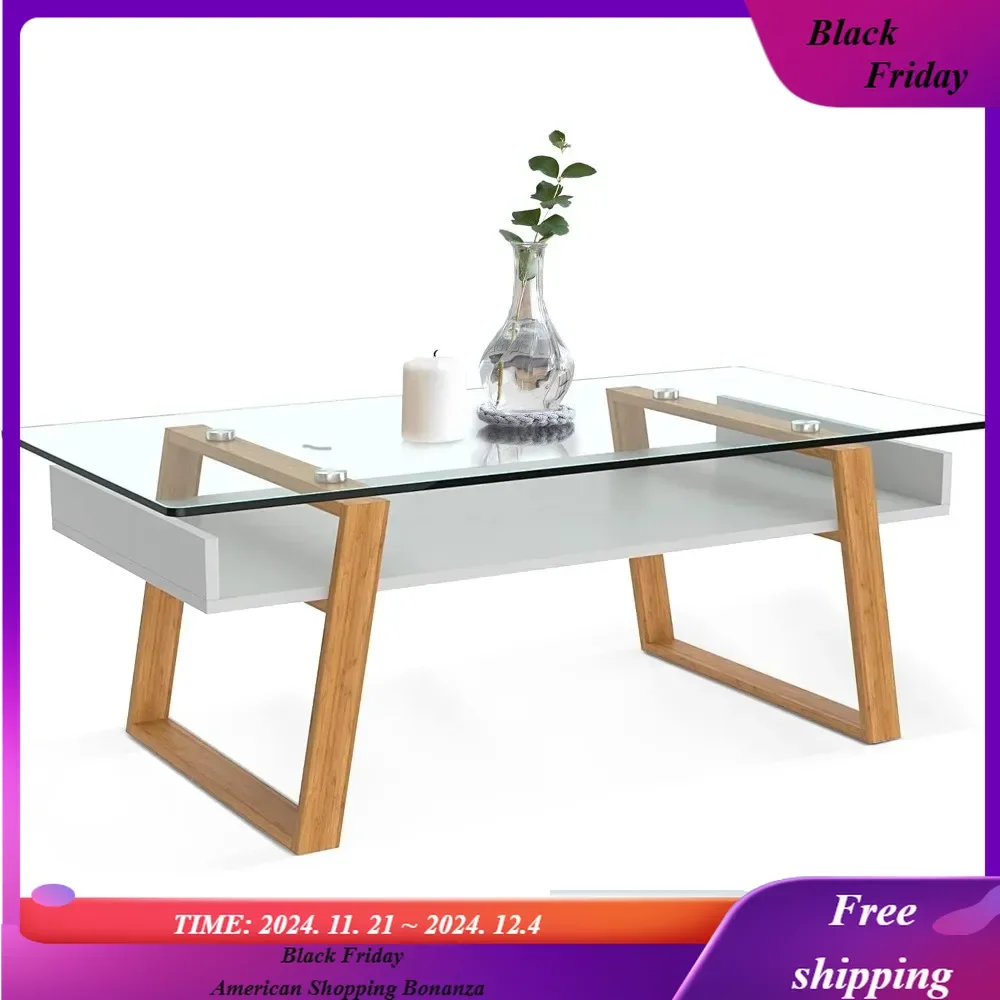 Mesa de centro de cristal moderna, centro de mesa elegante para decoración de sala de estar con parte superior de vidrio templado, diseño elegante como regalo, color blanco