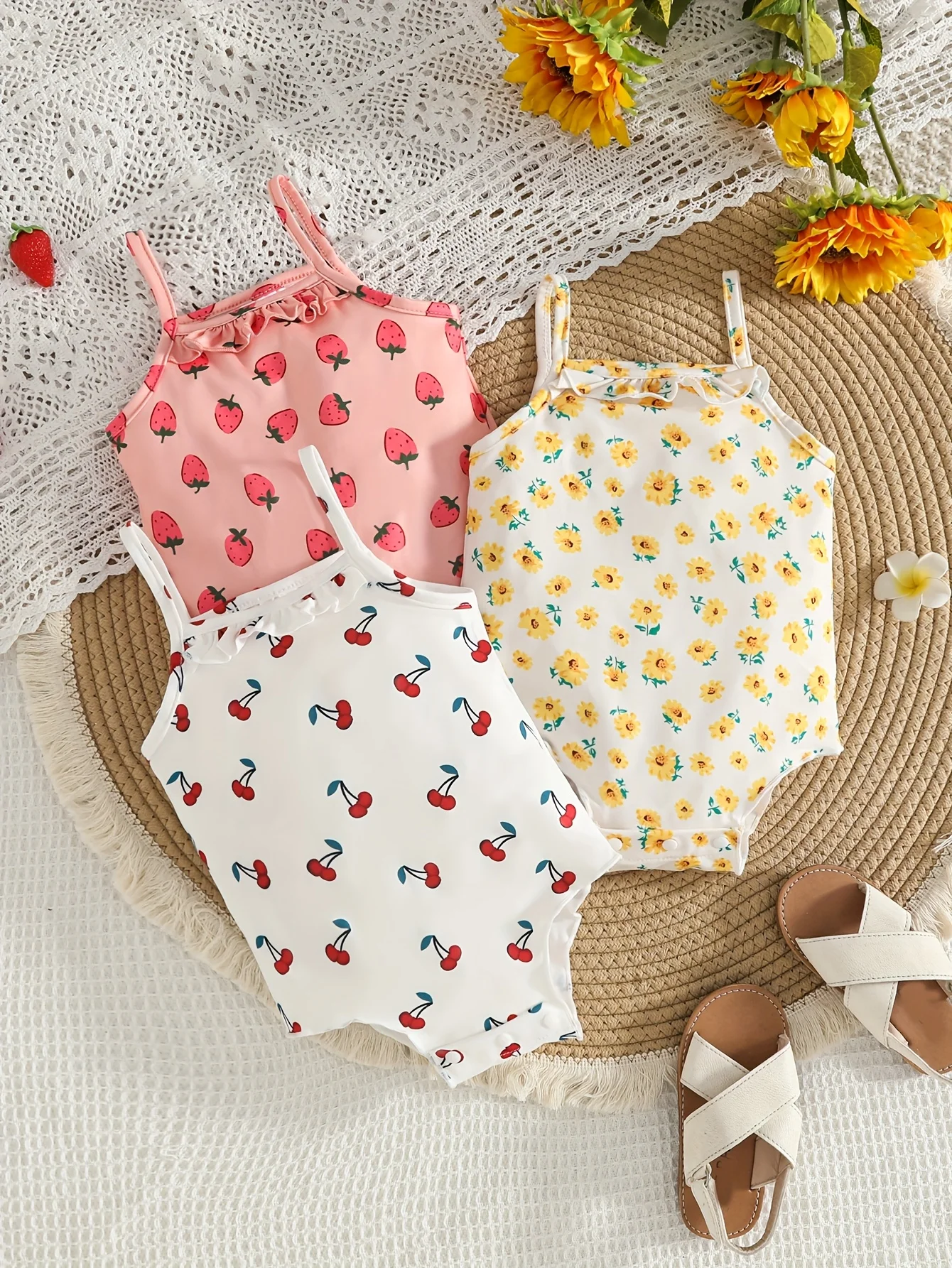 Baby Girls Cute Camisole 3PCS Set All Season Strawberry Cherry Chrysanthemum Print Comfortable Toddler Sling Outfit