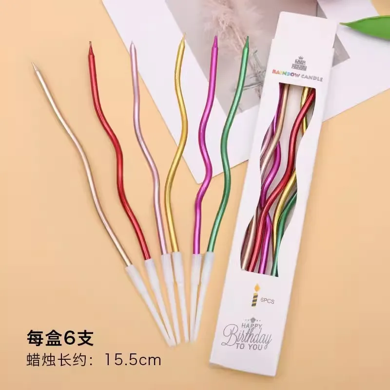 

6pcs Long Candle Multi Color Thin Curve Candle For Kids Happy Birthday Party Cake Decoration Romantic Valentine's Day Dressing