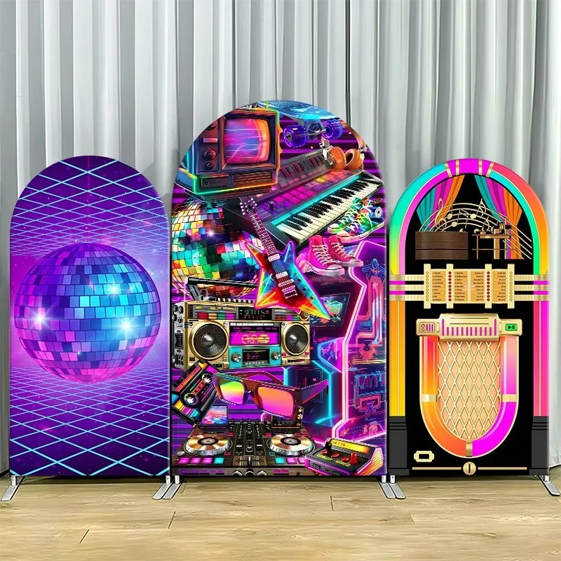 

Single Side Arch Backdrop Cover Vibrant Retro Disco Party Backdrop Featuring Neon Lights Glittering Disco Ball Vintage TV Synth