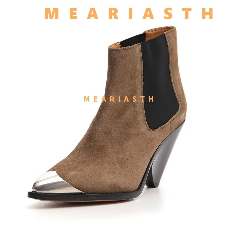 

Vintage Metal Pointed Toe Women Ankle Boots Fashion Elegant Zippers Shoes Autumn Winter Square Heel Laides Modern Short Booties