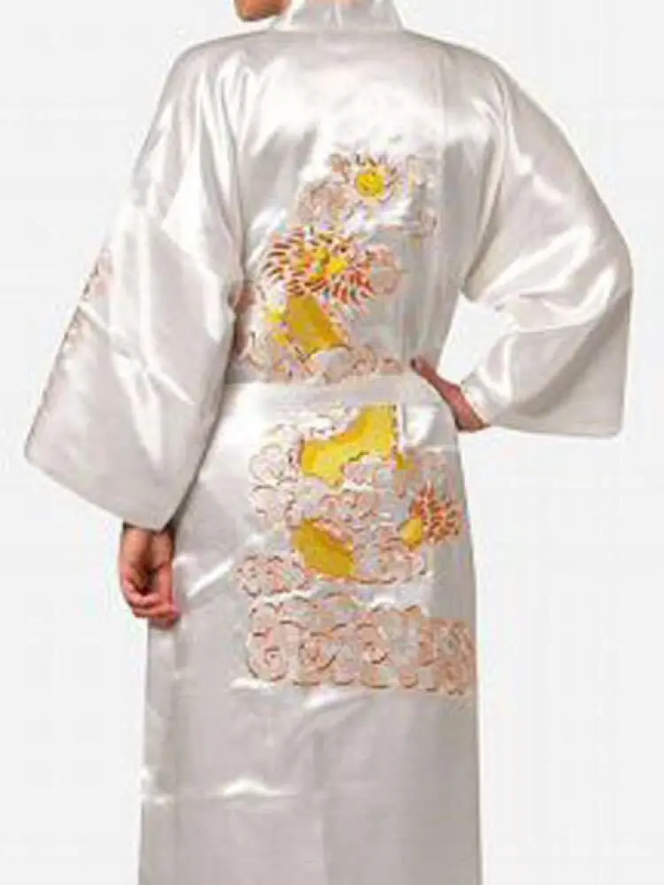 Men Robe V Neck Kimono Sleepwear Nightgown Embroidered Dragon Robe Cardigan Bathrobe Home Clothes Lounge Loose Sleep Dress